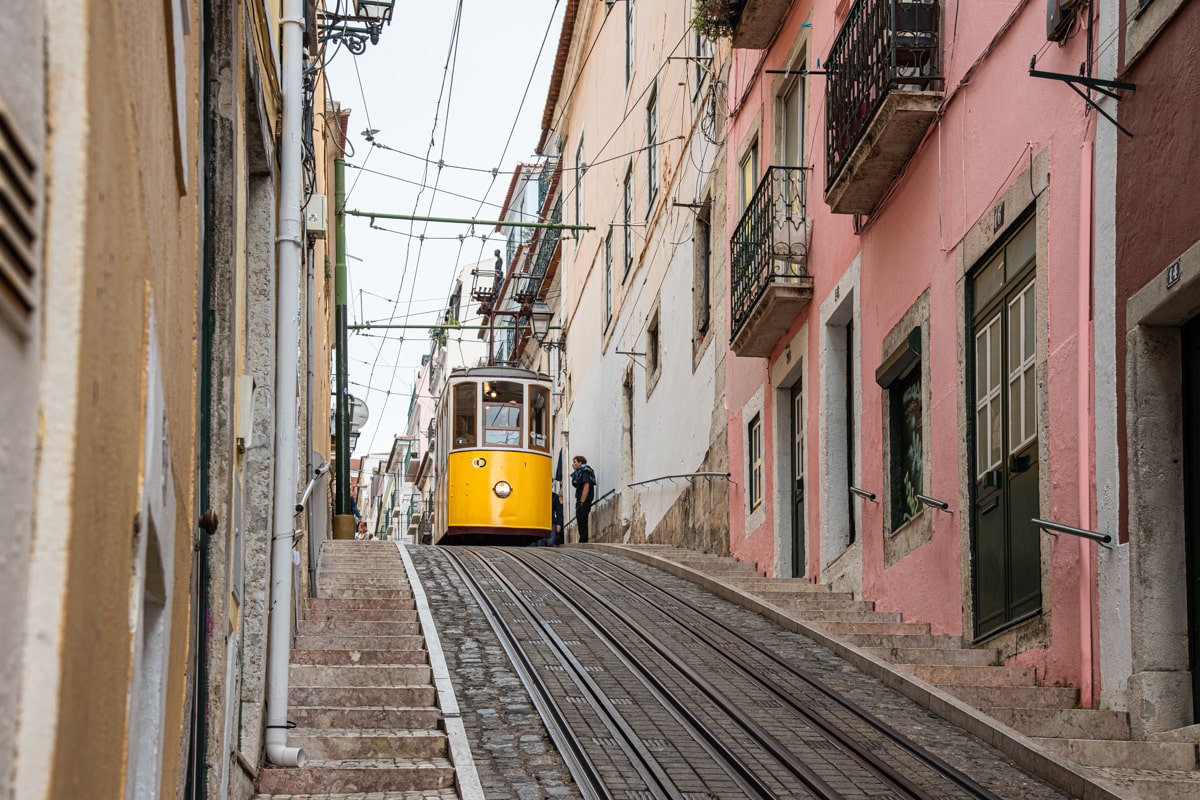 Funiculaire qui descend une ruelle à Lisbonne