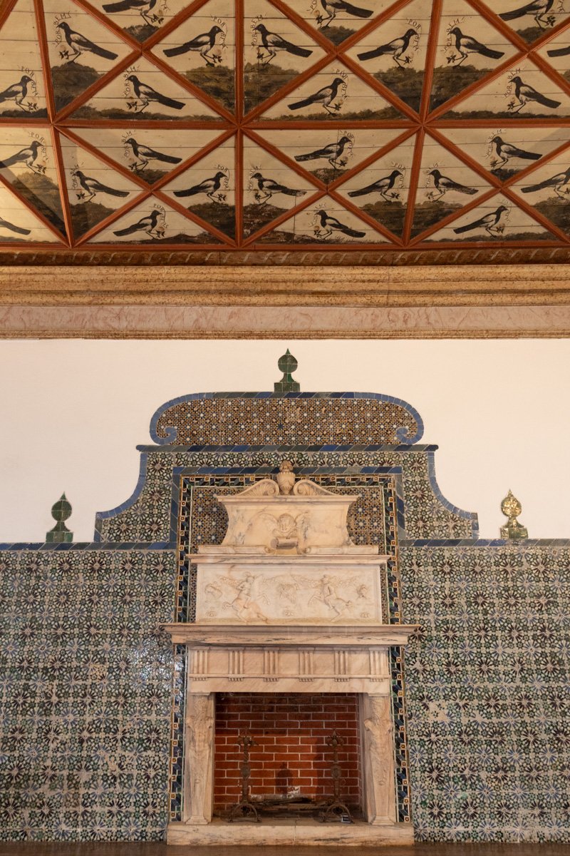 Salle avec des pies peintes au plafond et une cheminée